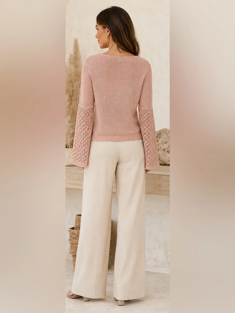 Sundance Pink Linen Blend Open-Knit Bell Sleeve Sweater Top, Size Medium